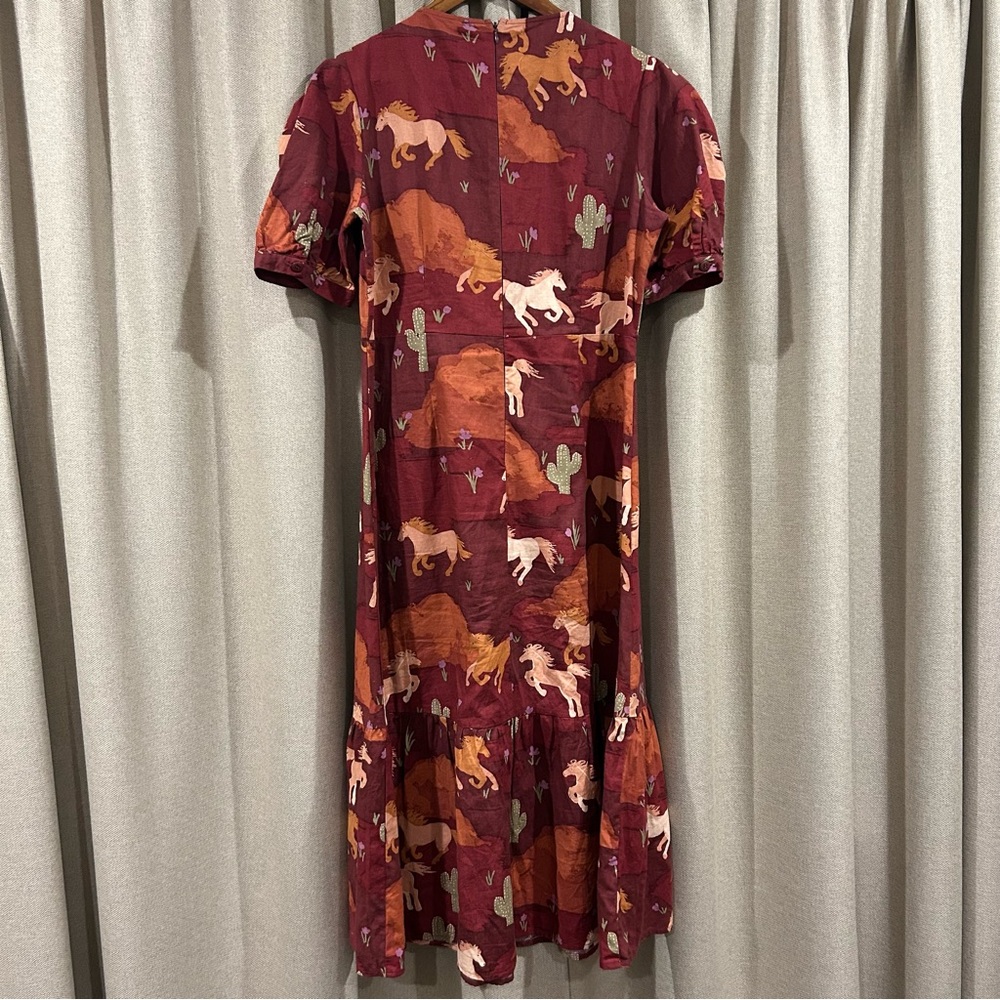 Princess Highway Burgundy Western Horse Print Puff Sleeve Dress - Picture 4 of 4